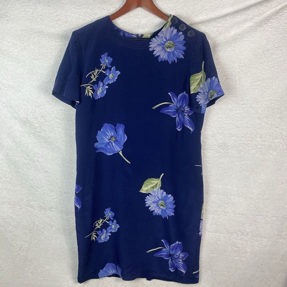 Vintage Maggy London 100% Silk Floral Lined Sheath‎ Dress Sz 12 Blue Tropical